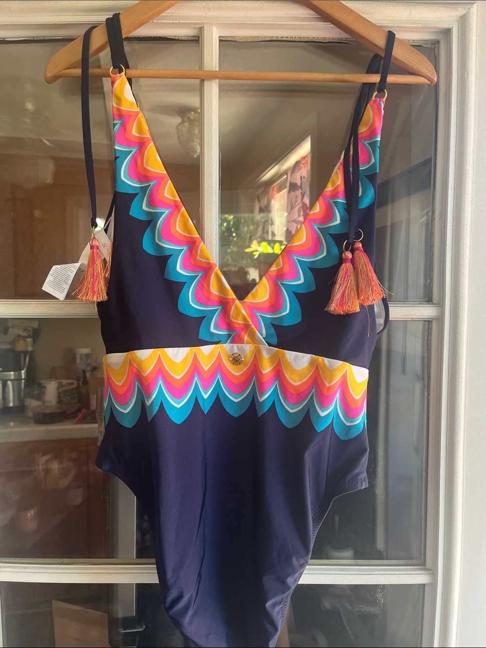 Navy V‑Neck One‑Piece Swimsuit with Multicolor Chevron Trim with cover up Shaw